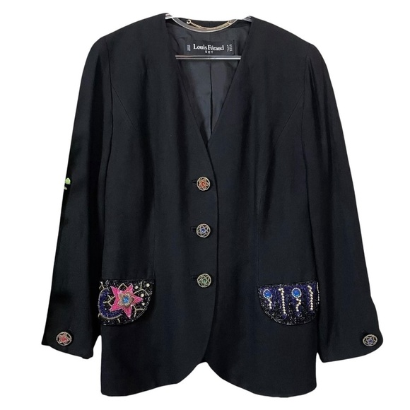 Louis Feraud Beaded Sequined Star Buttoned Formal Blazer Jacket Black Size US 12 - Picture 1 of 8